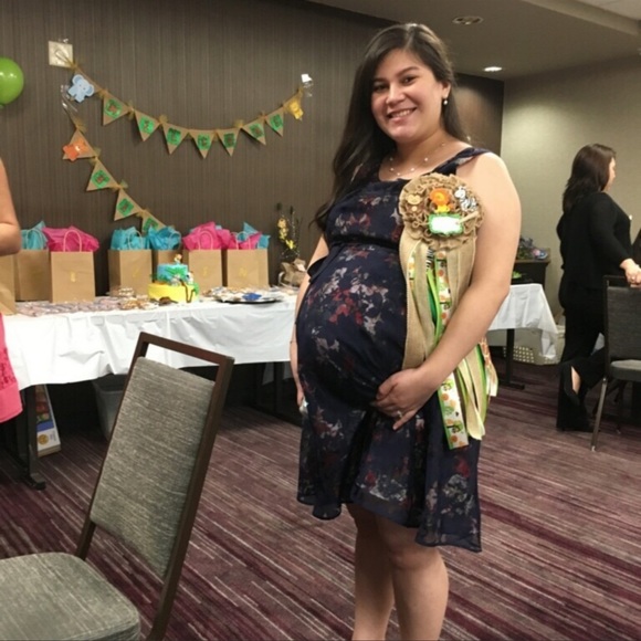 Motherhood Maternity Navy Floral Dress with Waist Ribbon Belt - Picture 6 of 7